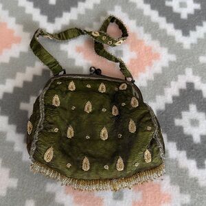 Vintage silk Putumayo Olive Green Embroidered beaded Evening Wristlet